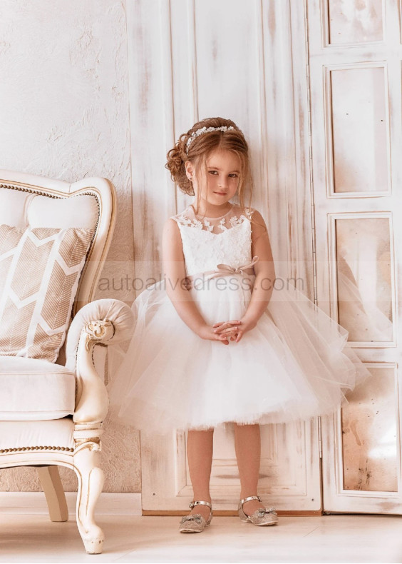 Illusion Neck Ivory Lace Tulle Slit Open Back Flower Girl Dress